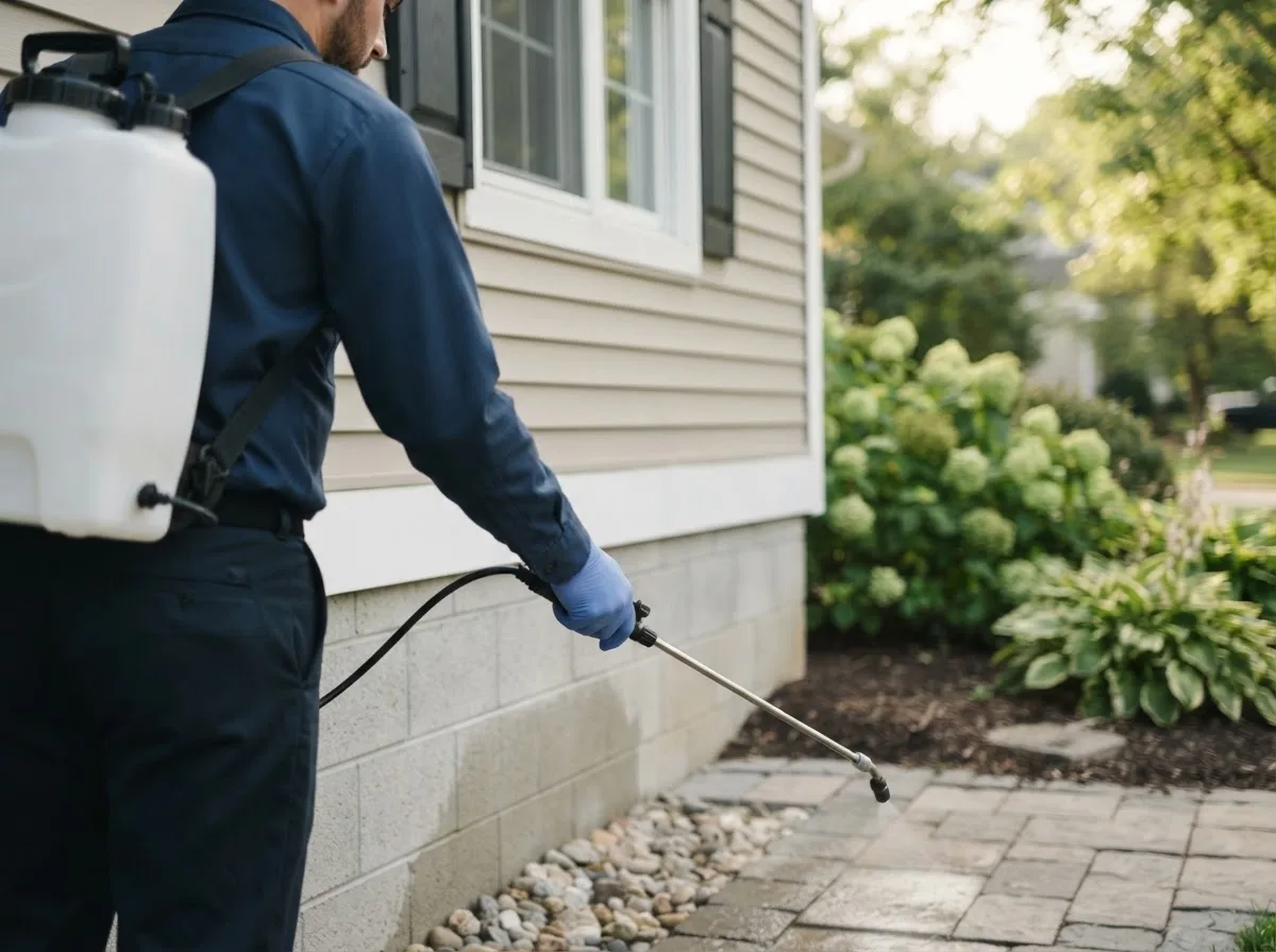 Pest control technician inspecting a home in Hamersville, OH